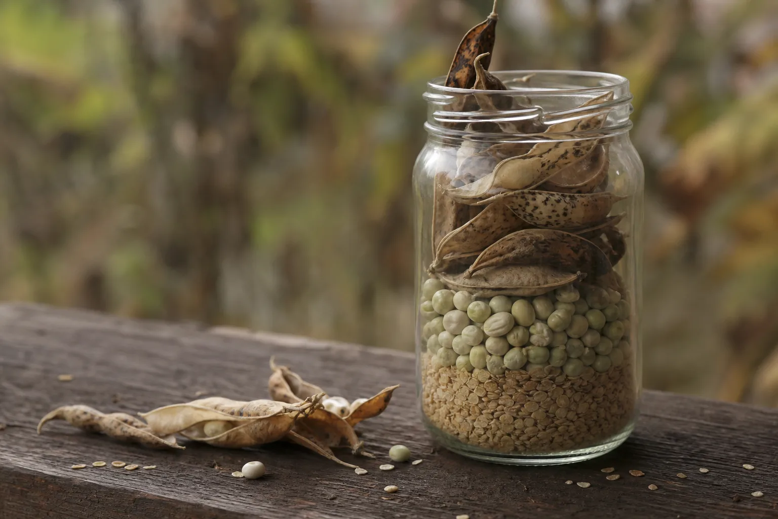 A labeled glass jar holding dry bean pods, pea seeds, and tomato seeds on a dark wooden table. Selfers are simple, outcrossers need isolation
