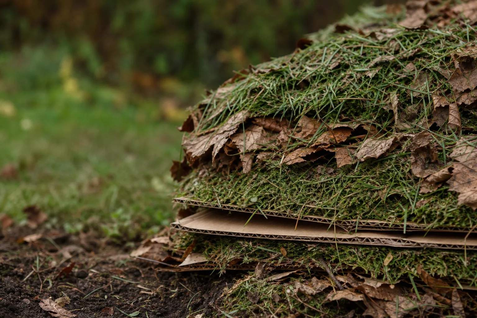 A close-up cross-section of overlapping wet cardboard beneath alternating layers of shredded leaves and fresh grass clippings. Cardboard, nitrogen, carbon, and the patience to let it work