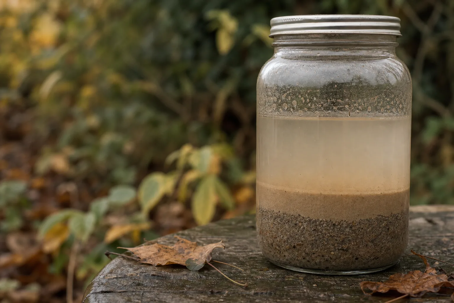 A clear glass jar showing distinct layers of sand, silt, and cloudy clay settling in water. Sand, silt and clay each fail differently