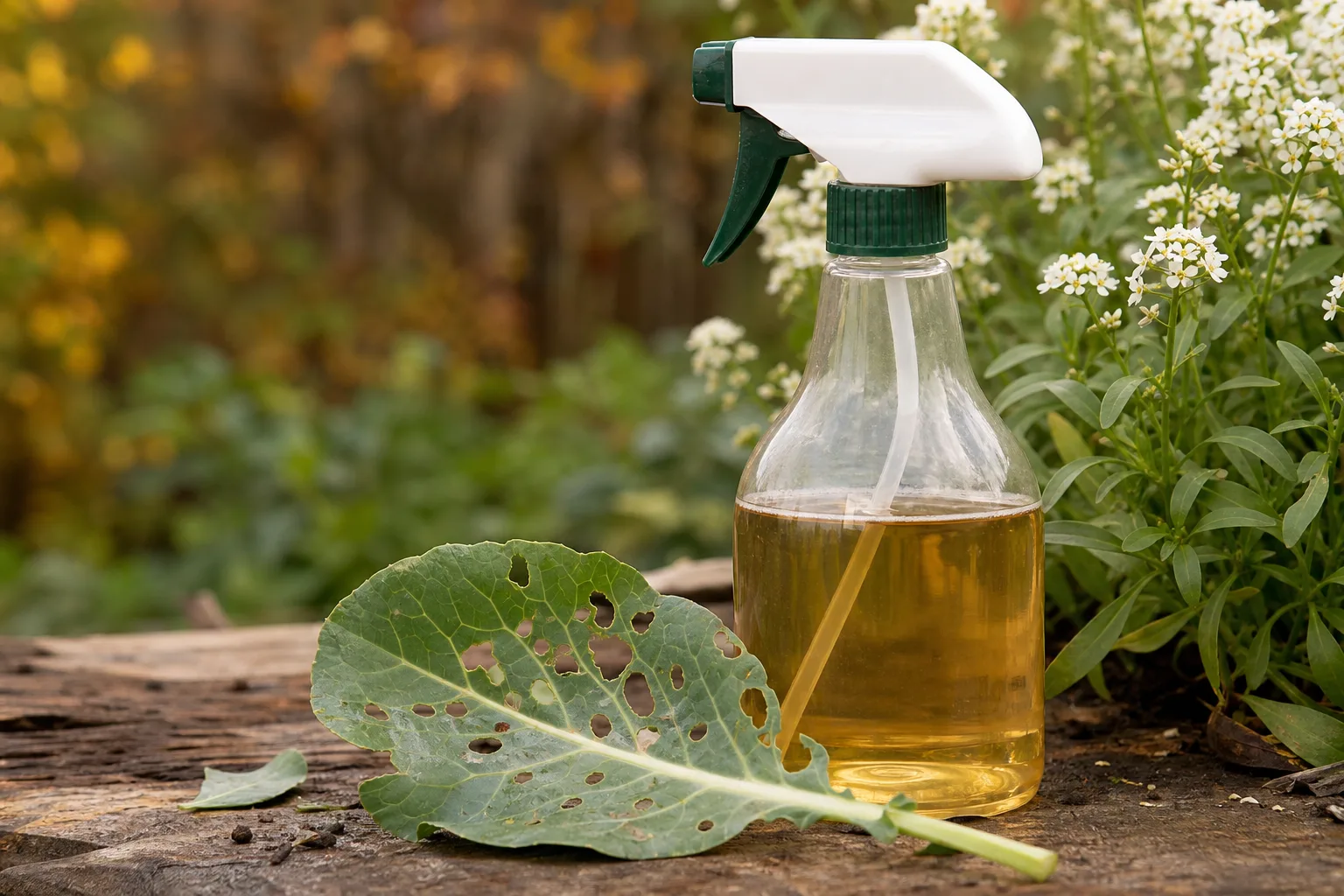 A close-up of a garden spray bottle labeled 0.5 percent spinosad beside a chewed green leaf and a bee-free flowering plant. A biological that still needs evening-only application