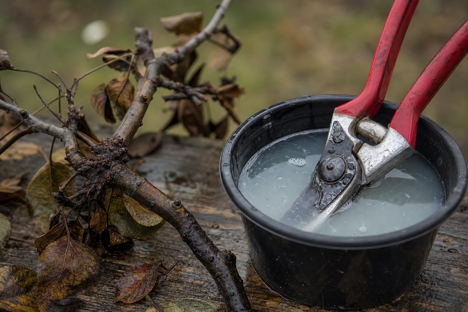 Pruning shears with a wet blade resting in a small bucket of diluted bleach beside a diseased fruit-tree branch. Fire blight and canker travel on blades