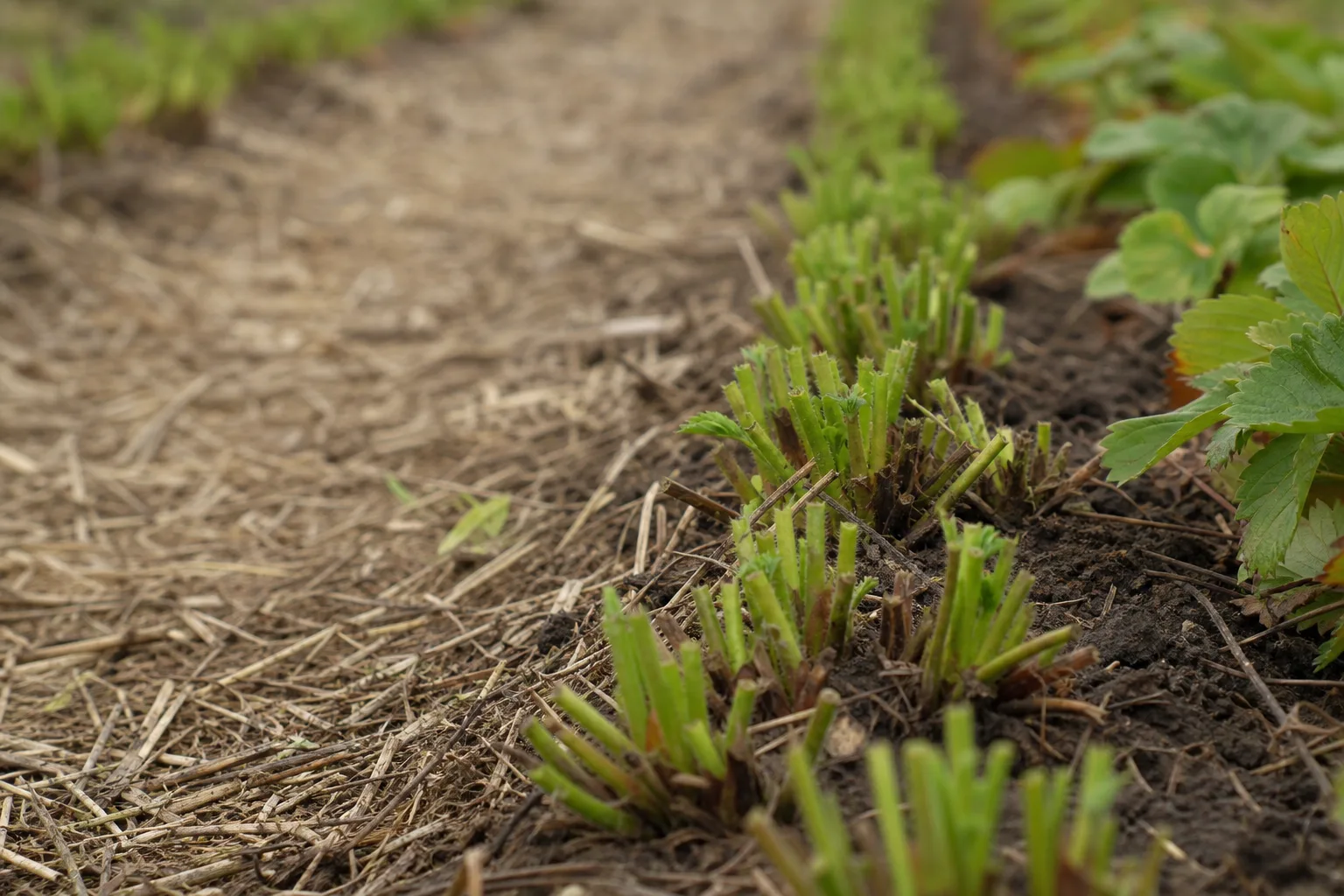 A close-up of freshly mowed strawberry crowns with 1 to 2 inches of green leaf stems, clean soil, and thin straw between rows. Mow, thin, feed, and the bed produces for another two years