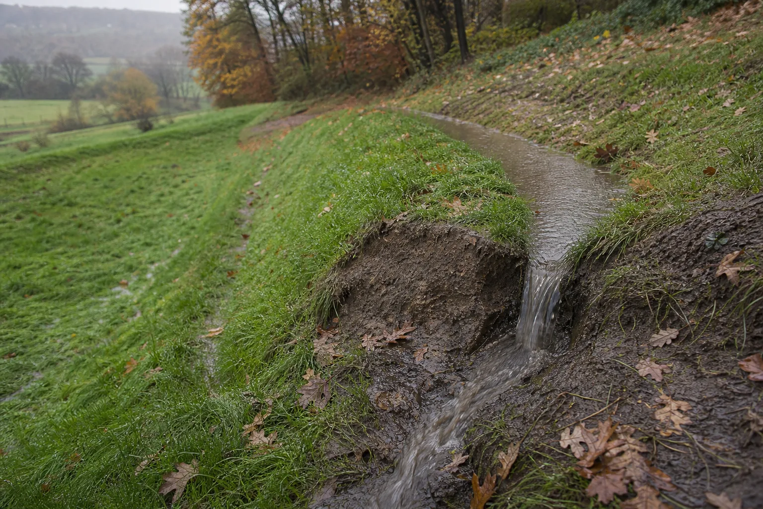 A shallow, grass-lined contour swale with a low downslope berm and a visible overflow notch after rain. Swales on the wrong slope or soil are genuinely dangerous