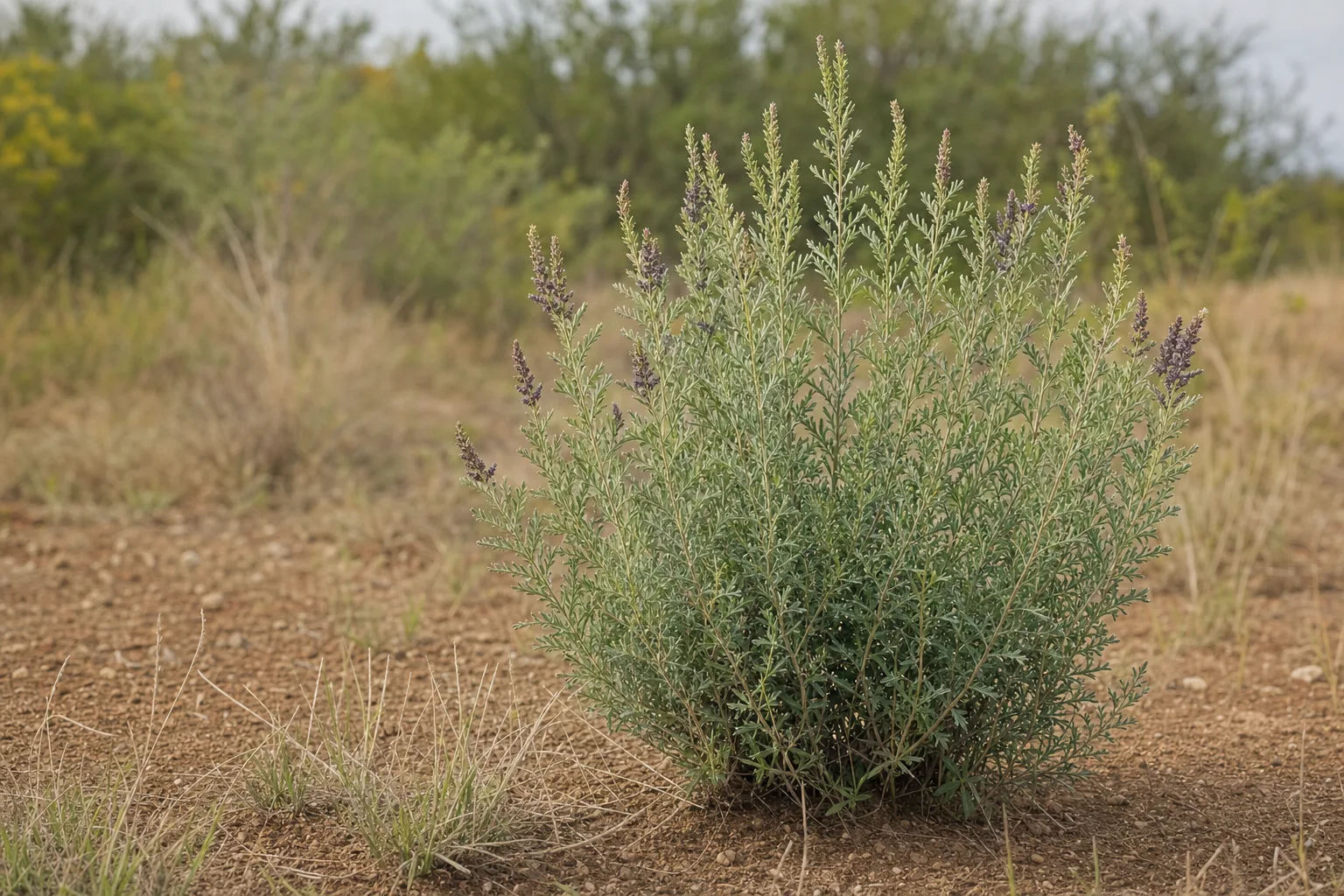 A drought-hardy leadplant shrub (Amorpha canescens) with its fine gray-green foliage and upright prairie habit growing in dry, open soil.