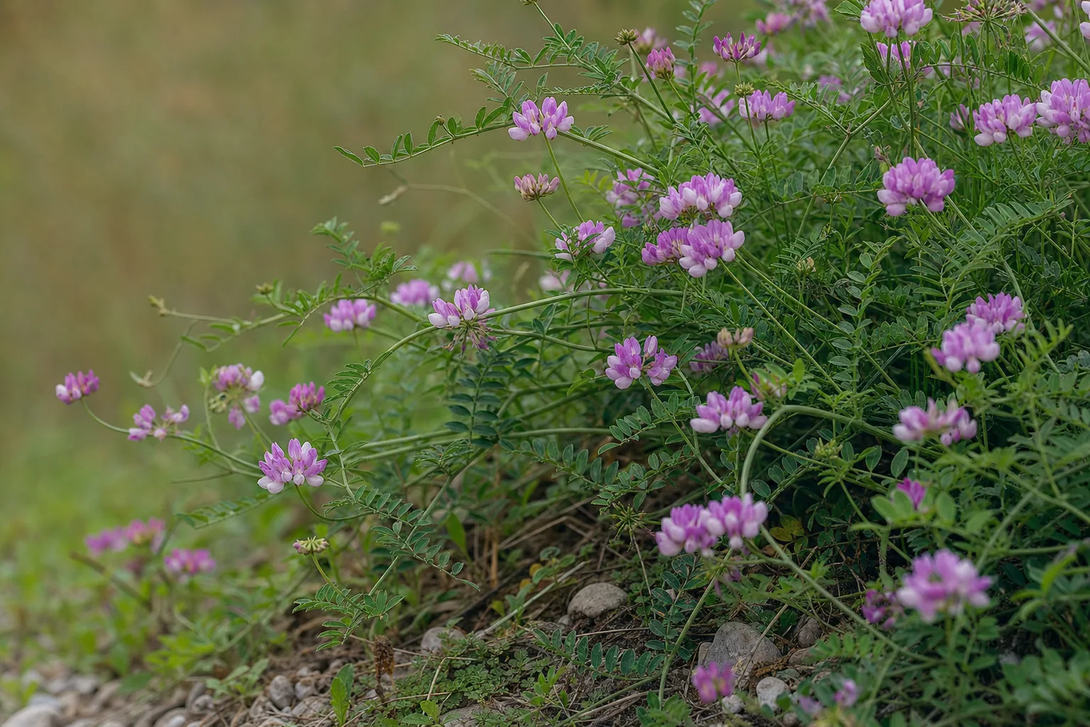 A close-up of Purple Crownvetch (Coronilla varia) showing its arching stems, pinnate leaves, and clusters of small pink-to-purple flowers.
