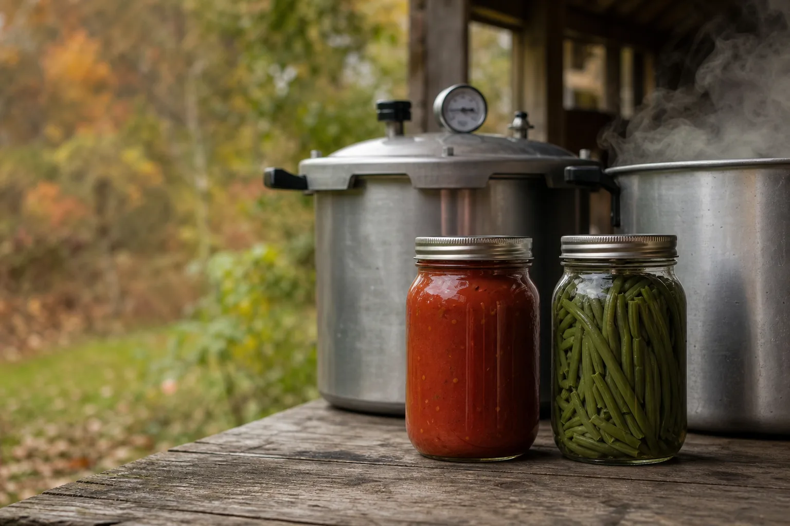 Two sealed canning jars, one filled with acidified tomato sauce and one filled with green beans beside a pressure canner and boiling-water bath pot. Acidity decides, and getting it wrong is dangerous