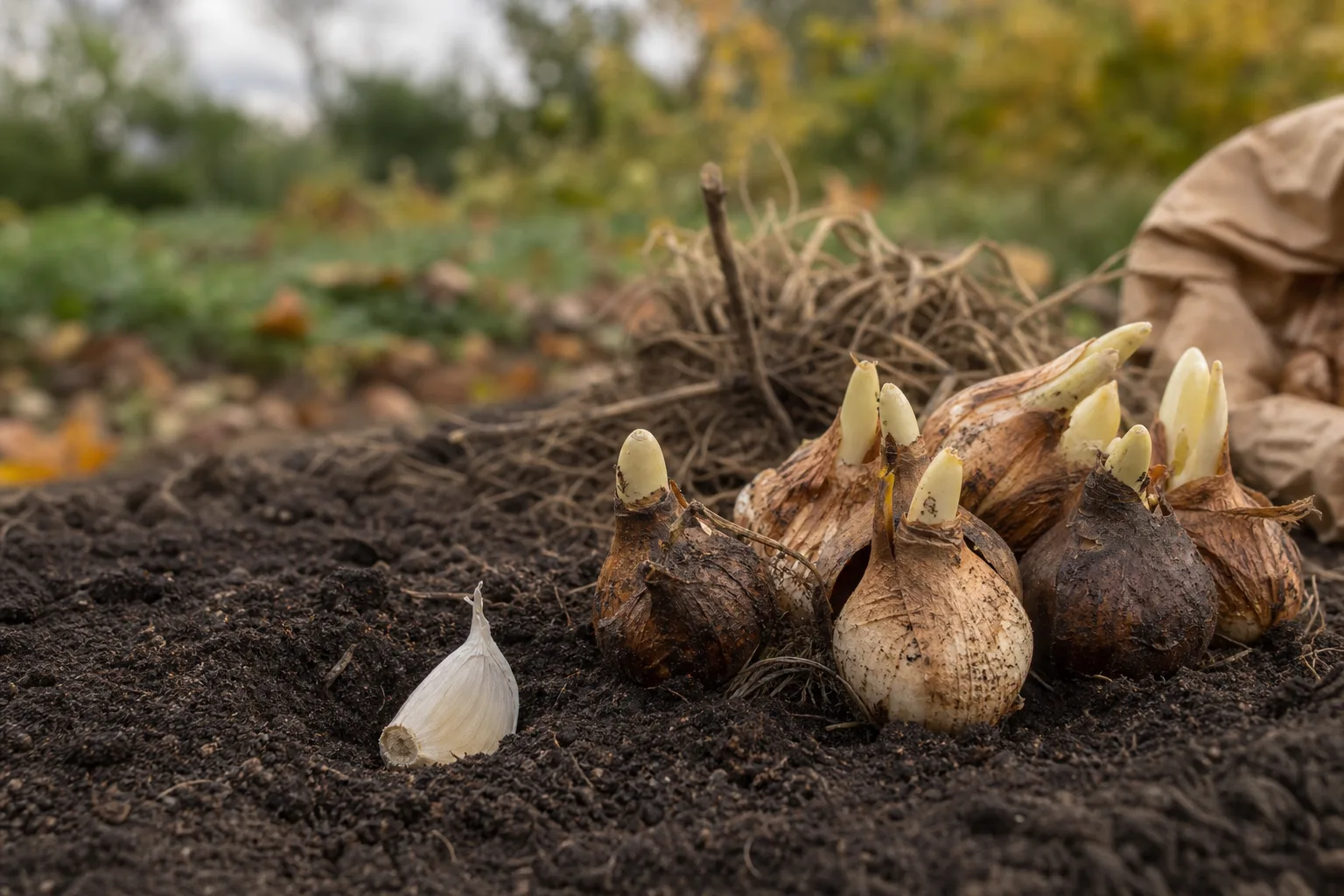 A freshly planted garlic clove beside a cluster of firm spring bulbs in dark garden soil. Garlic, bulbs, bare-root ordering and the best tree planting month