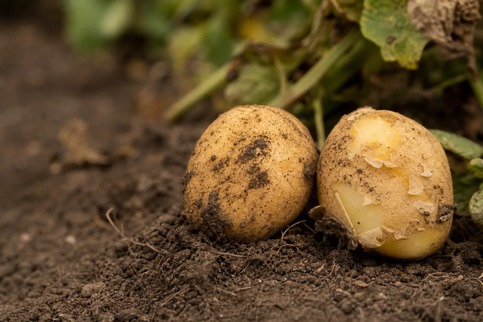 A freshly dug potato held close to the soil, showing firm skin beside a second potato whose thin skin rubs away. Skin set is what separates a keeper from a two-week potato