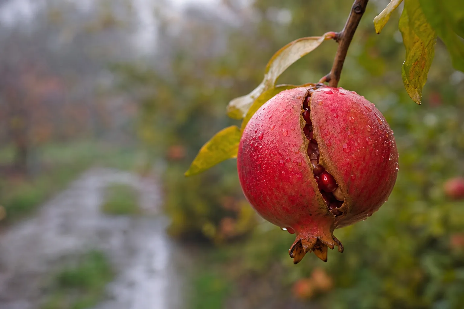 A fully colored pomegranate with a narrow split opening at the crown and one inch of stem attached. A fall rain on a ripe crop splits fruit overnight