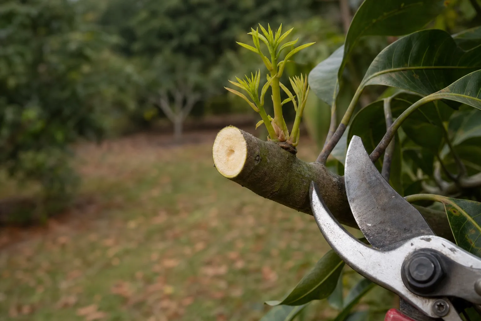 A clean pruning cut on a mango branch beside sharp bypass pruners and a small flush of new green growth. Timing is a tradeoff between regrowth time and cold exposure