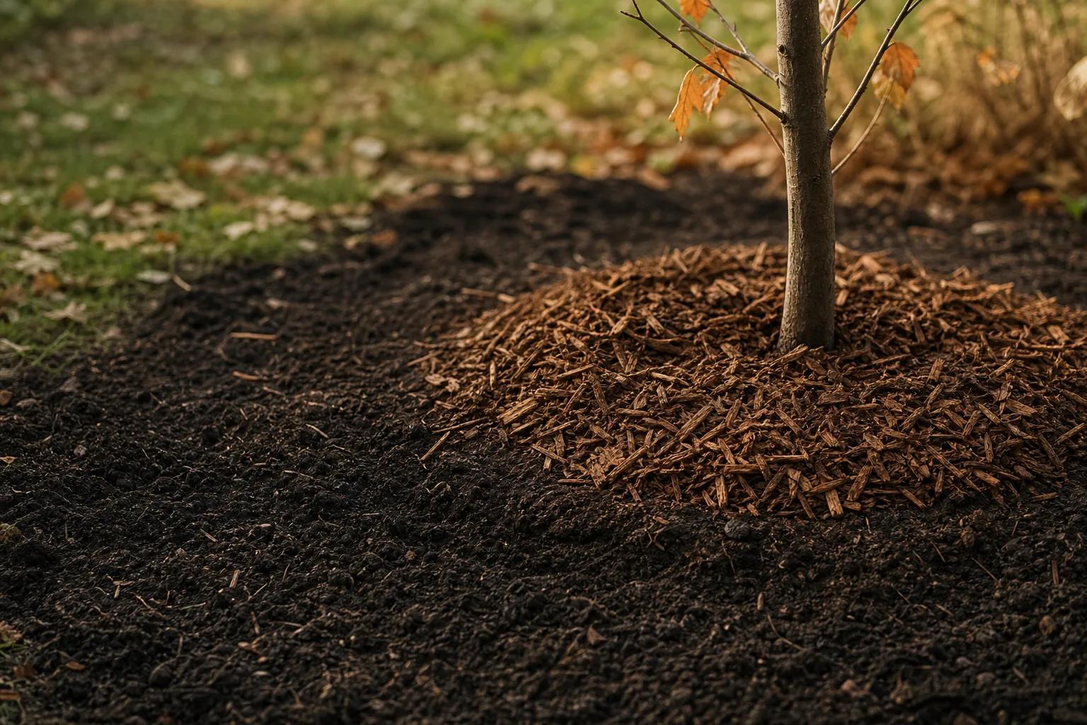 A close-up of warm dark soil around a newly planted tree root ball, with a 2 to 4 inch layer of shredded bark mulch stopping a few inches short of the trunk. Soil stays warm after air cools, so roots establish while the top sleeps