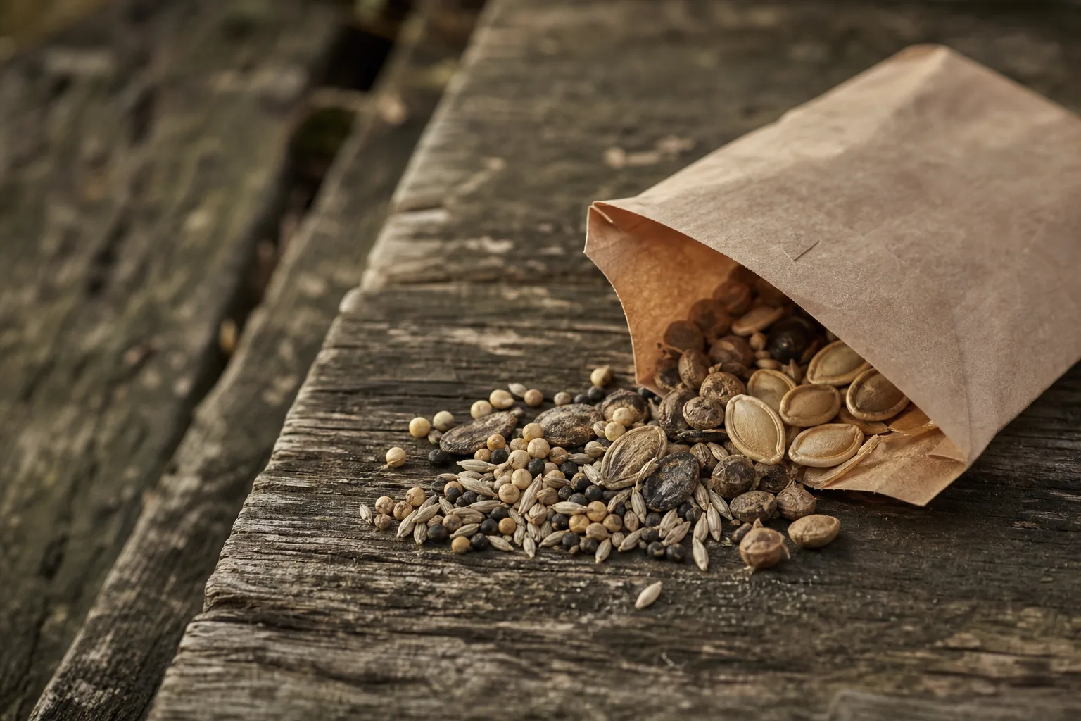 A paper seed envelope labeled F2 beside a cluster of visibly different mature seeds on a wooden garden bench. F1 segregation explained without the genetics lecture