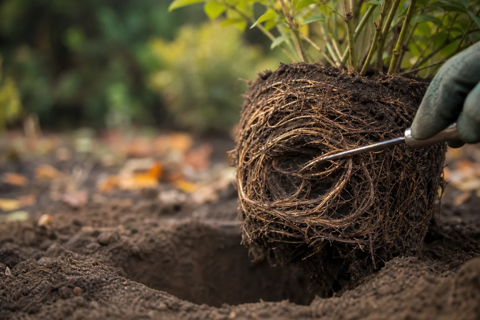 A nursery plant root ball with tightly circling roots being gently teased apart beside a planting hole. Transplant shock, root circling, and the establishment window