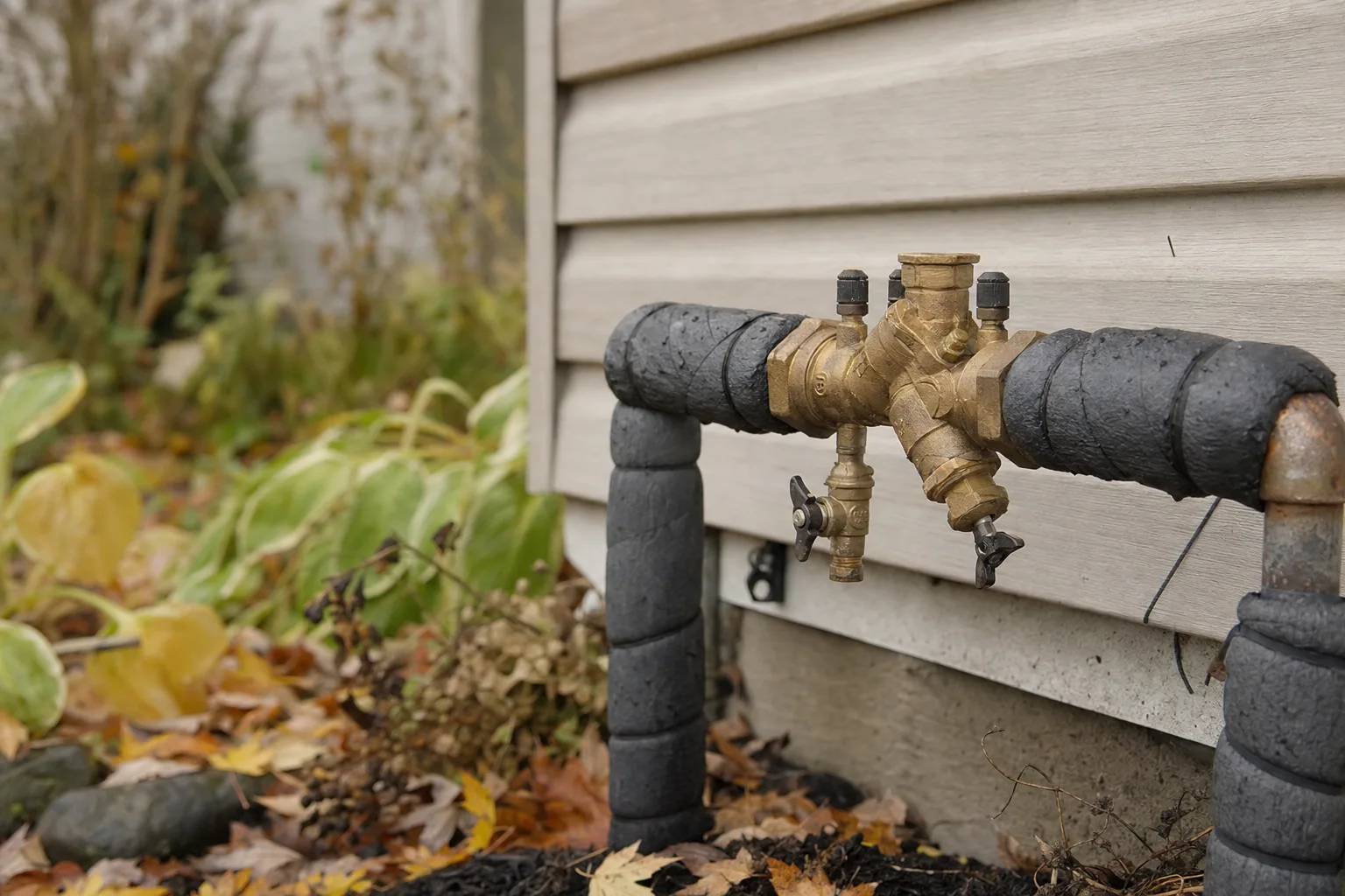 close-up of a brass irrigation backflow preventer wrapped in foam insulation tape. Blowout, drain valves and the freeze damage that shows up in April