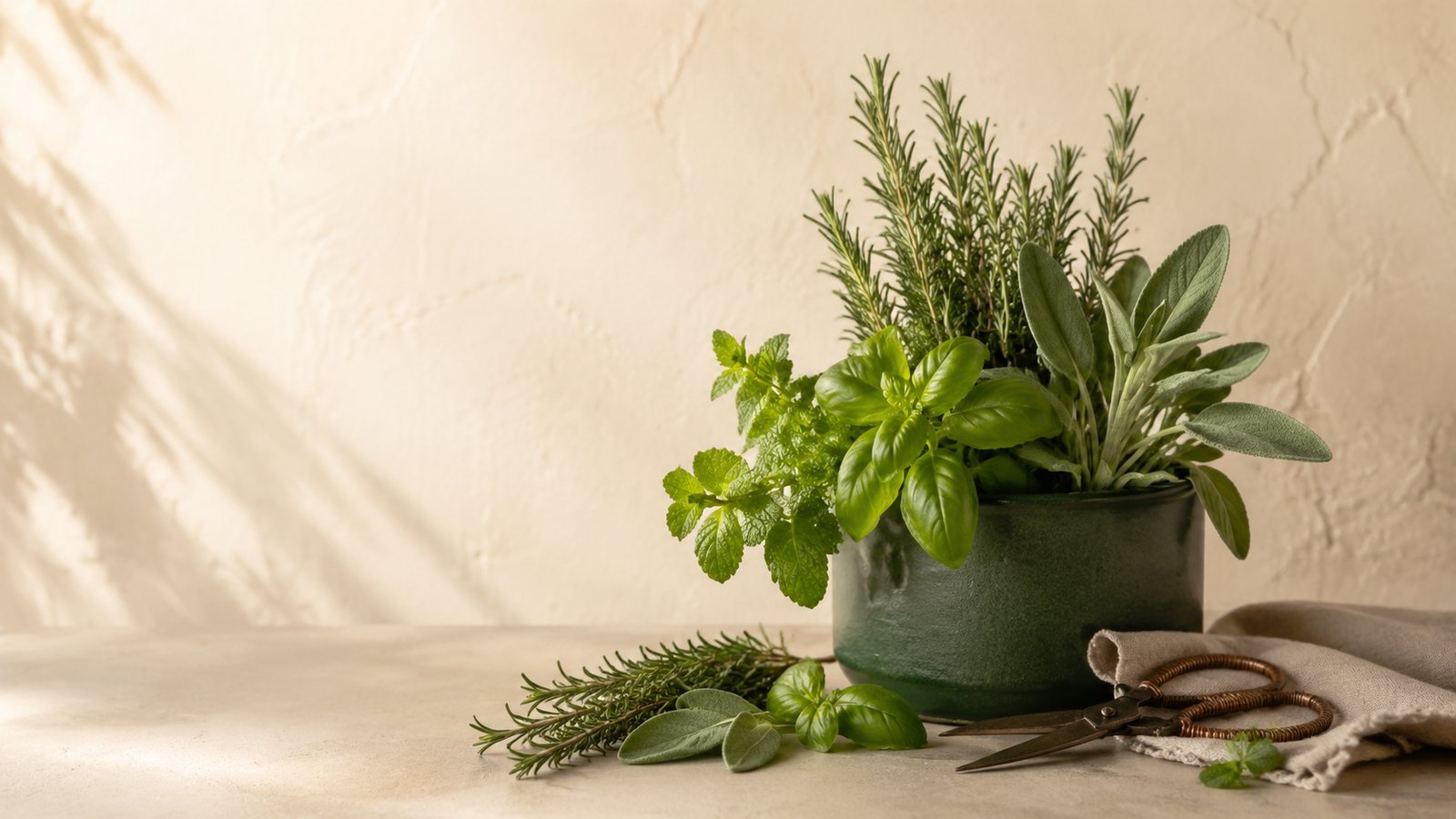 Potted rosemary, sage, basil and mint on a sunlit stone counter